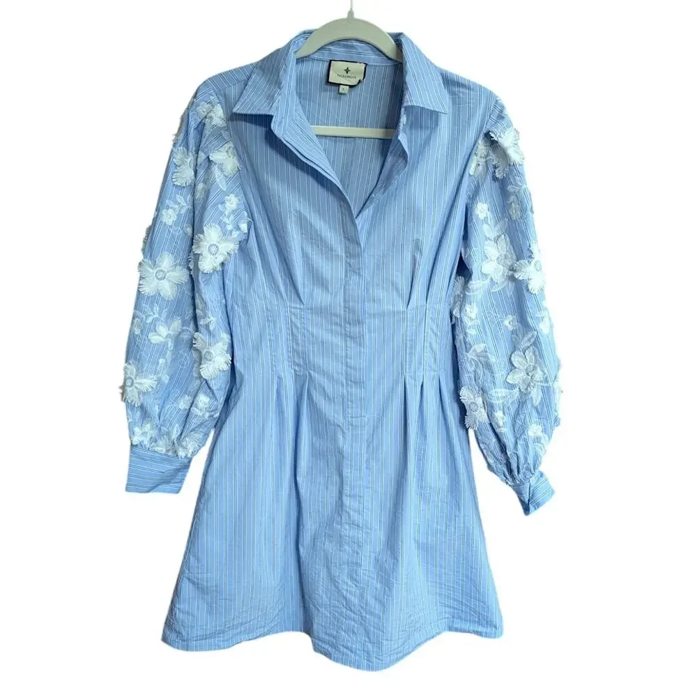 Tuckernuck Corinne Blue Stripe Floral Sleeve Mini Shirt Dress NWT Small - Picture 3 of 6